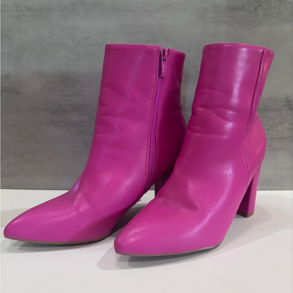 Fuchsia Pointed Toe Ankle Booties with Block Heel -